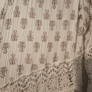 Bohemian Cream and Brown Patterned Top with Lace